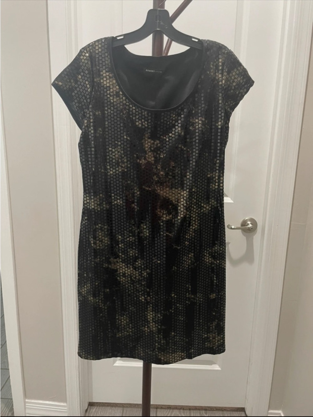 Robert Louis Black and Gold Metallic-Print Mini Dress